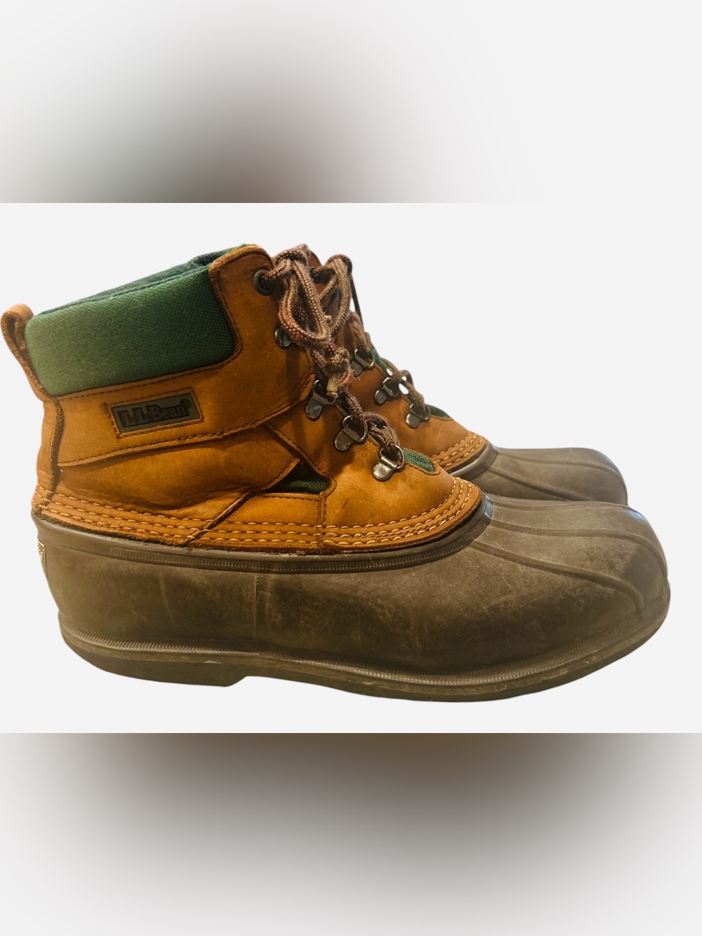 Vintage L.L. Bean Padded Collar Duck Boots Green Canvas / Leather